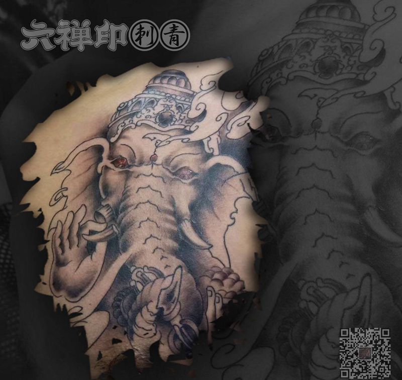 象神纹身图片_胸部背部新传统纹身图案
