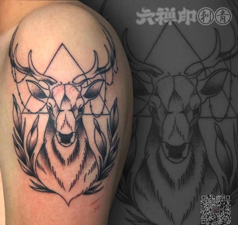 鹿纹身图片_手臂New School几何纹身图案