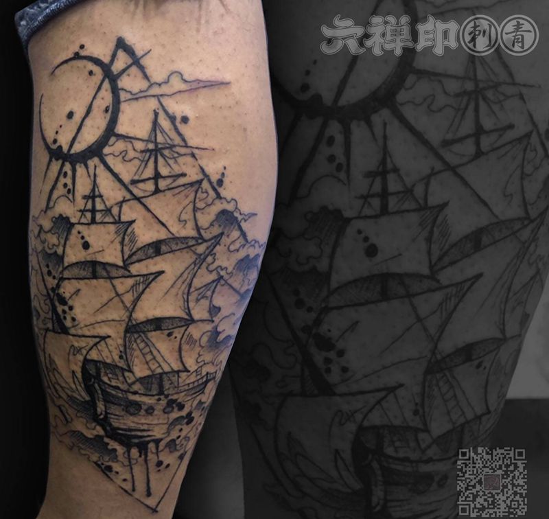 帆船纹身图片_腿部欧美写实New School纹身图案