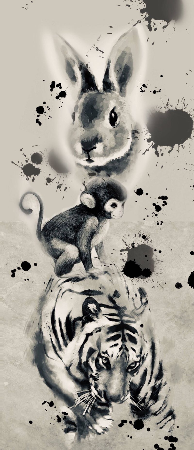 水墨生肖纹身图片_手臂水墨兔子老虎猴子纹身图案