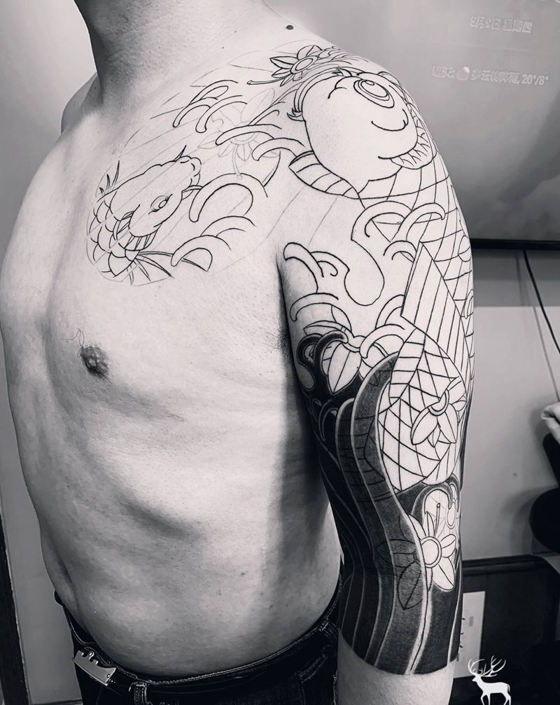 鲤纹身图片_手臂胸部老传统纹身图案