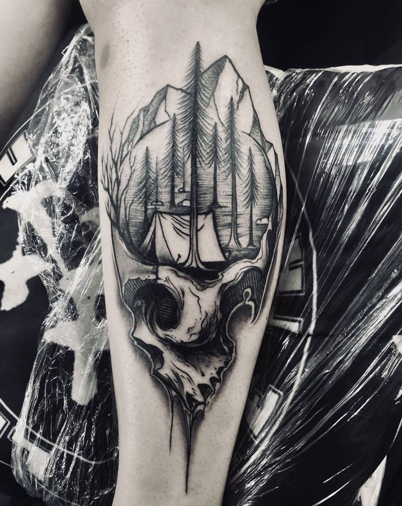 松山骷纹身图片_腿部New School山骷髅暗黑纹身图案