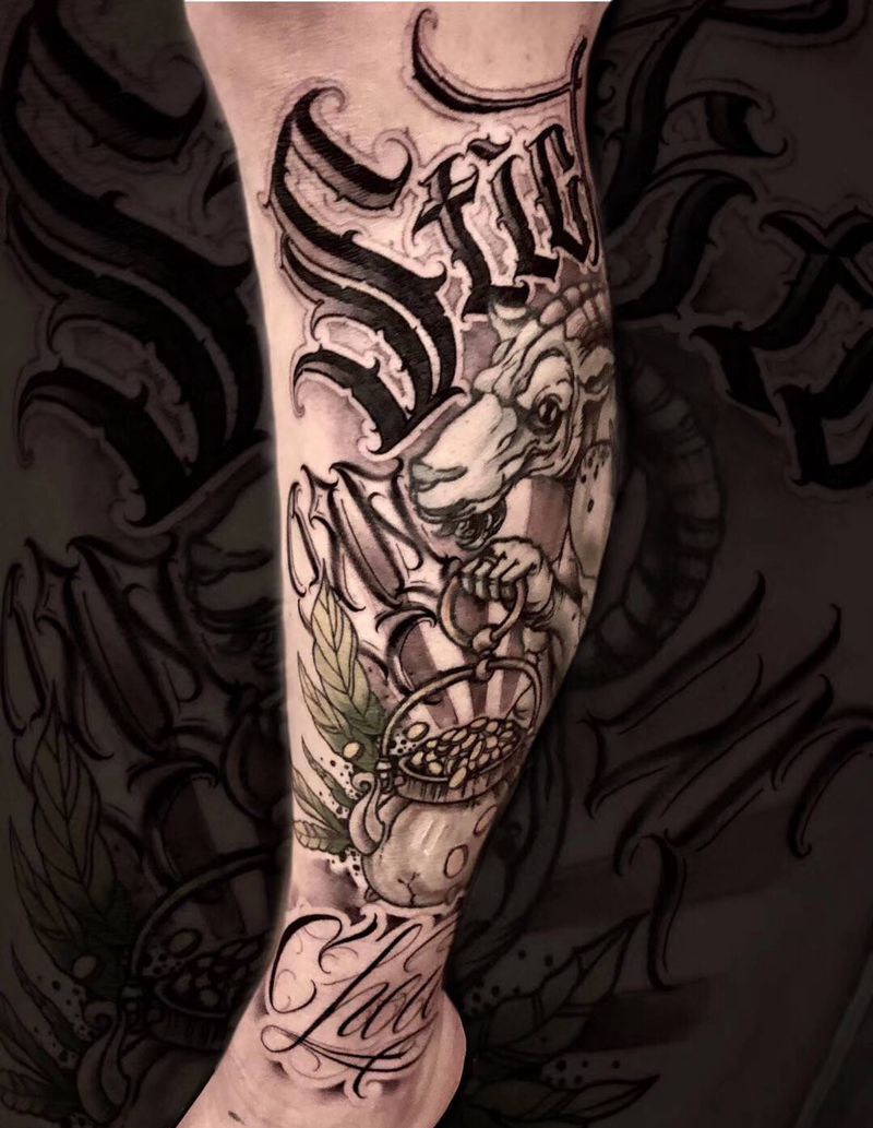 字体添加纹身图片_腿部花体字纹身图案