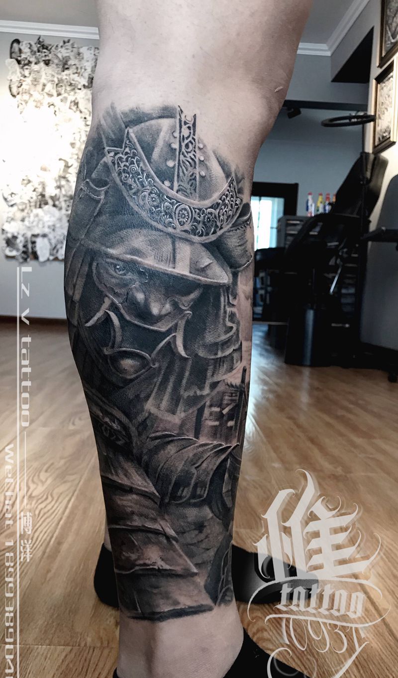 鬼武士纹身图片_腿部欧美写实纹身图案