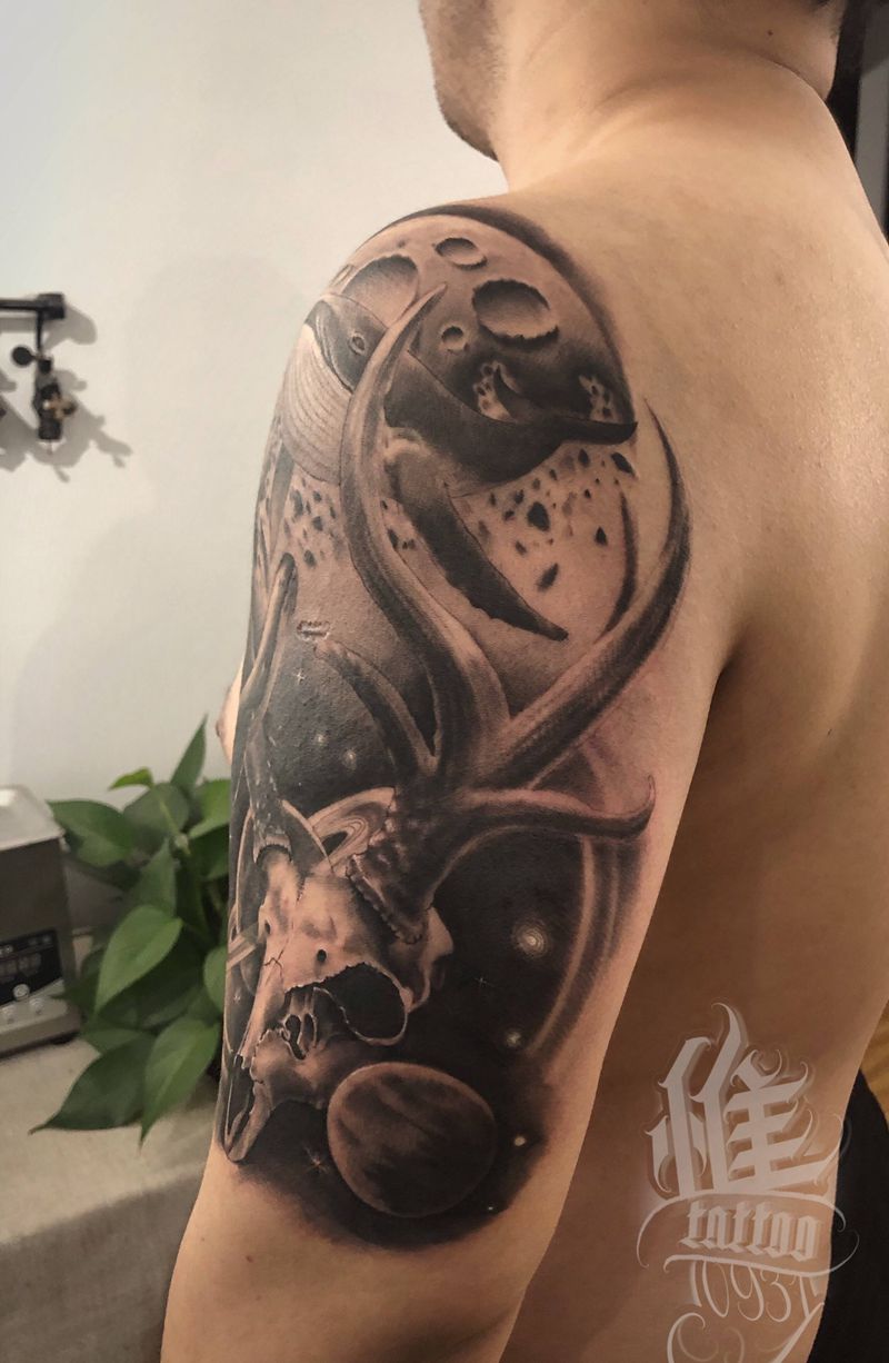 鲸鹿纹身图片_手臂欧美写实纹身图案