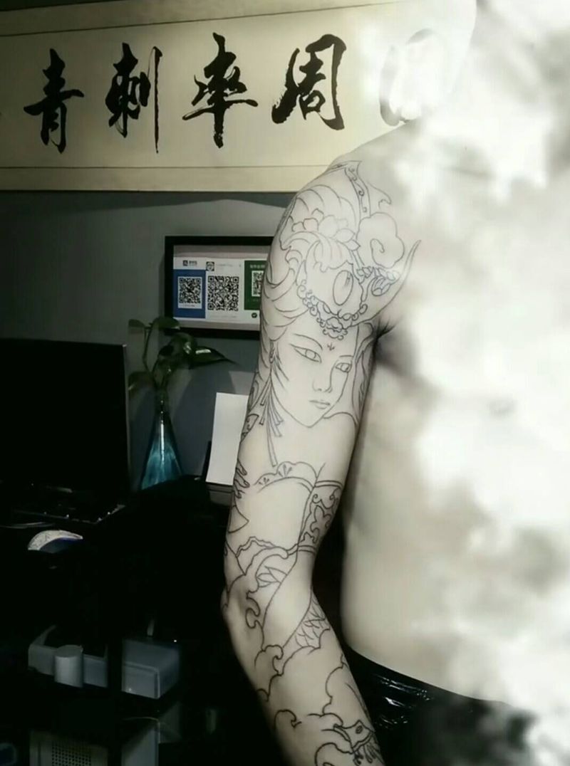 花臂龙女（未上色）纹身图片