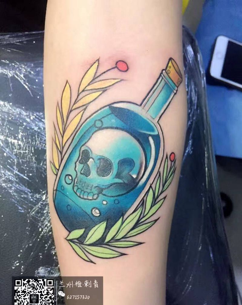瓶子纹身图片_成品手臂欧美静物纹身图案