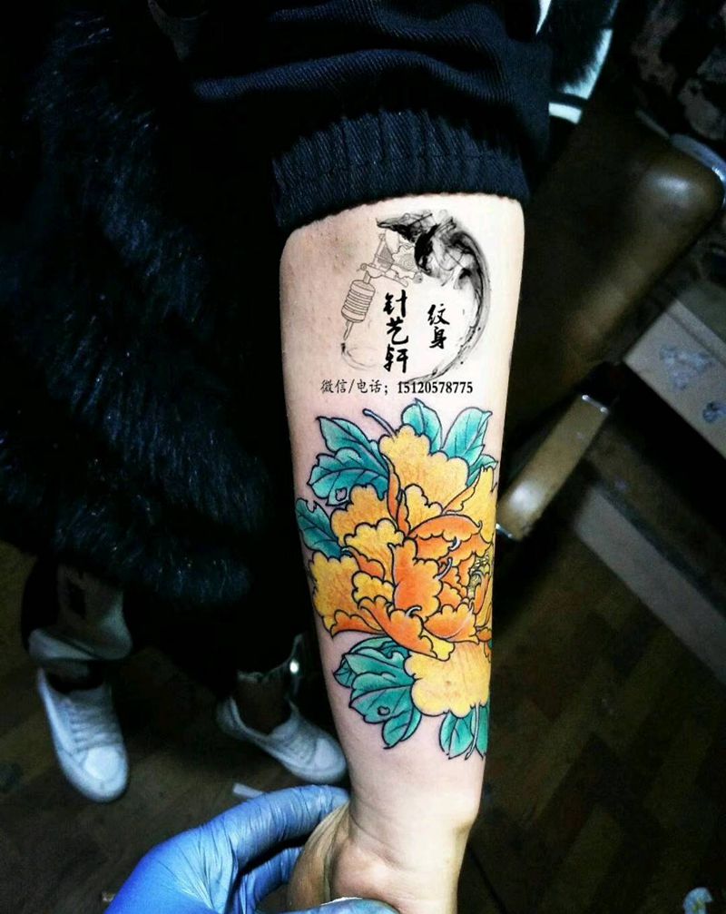 牡丹纹身图片_手臂新传统纹身图案