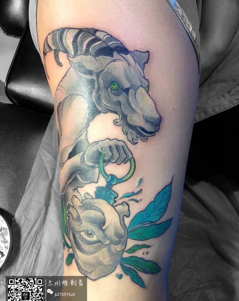 撒旦之羊纹身图片_腿部欧美动物成品纹身图案
