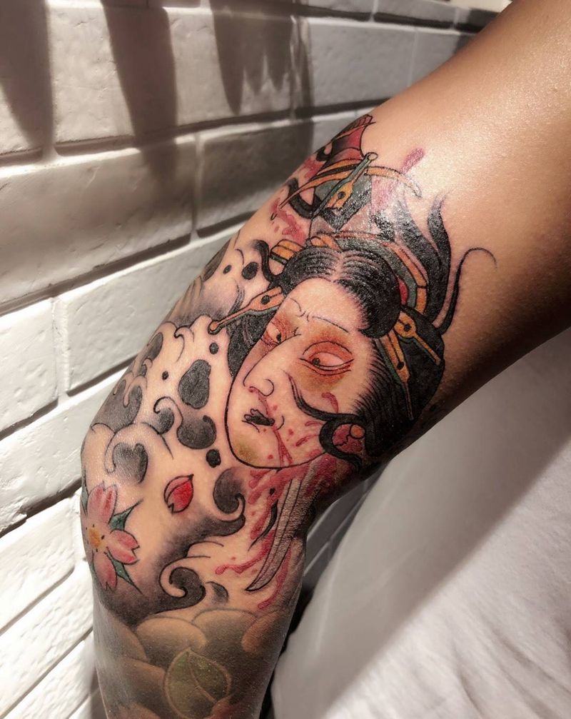 生首纹身图片_手臂新传统日式生首水浪纹身图案