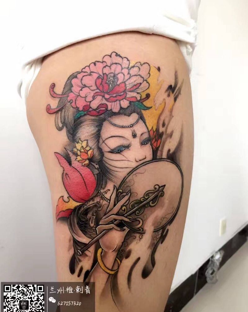 艺妓纹身图片_成品腿部传统人物纹身图案