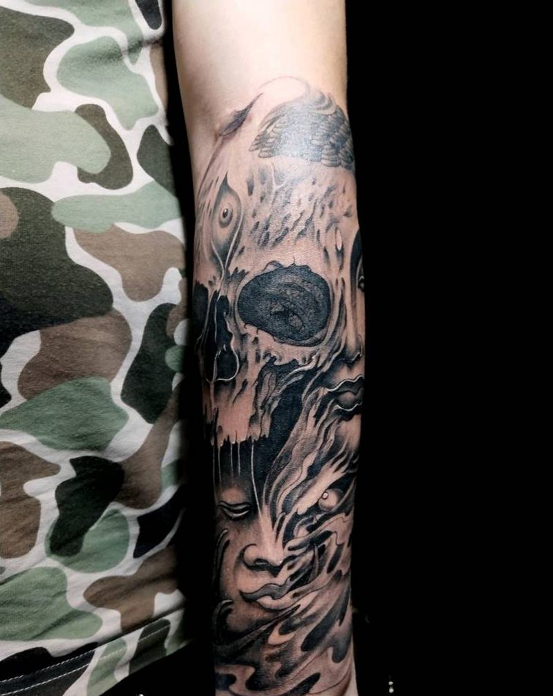 骷髅佛纹身图片_手臂欧美写实新传统骷髅佛纹身图案