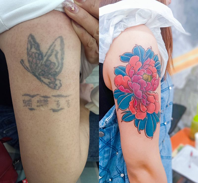 牡丹遮盖纹身图片_手臂纹身图案