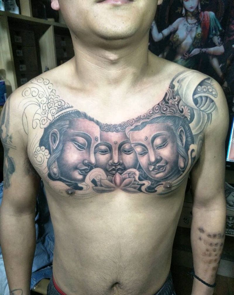 三面佛纹身图片_胸部纹身图案