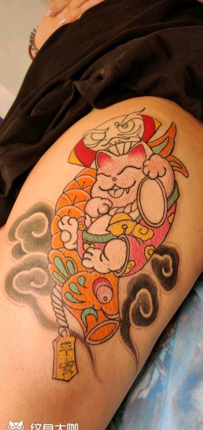 招财纹身图片_腿部老传统纹身图案