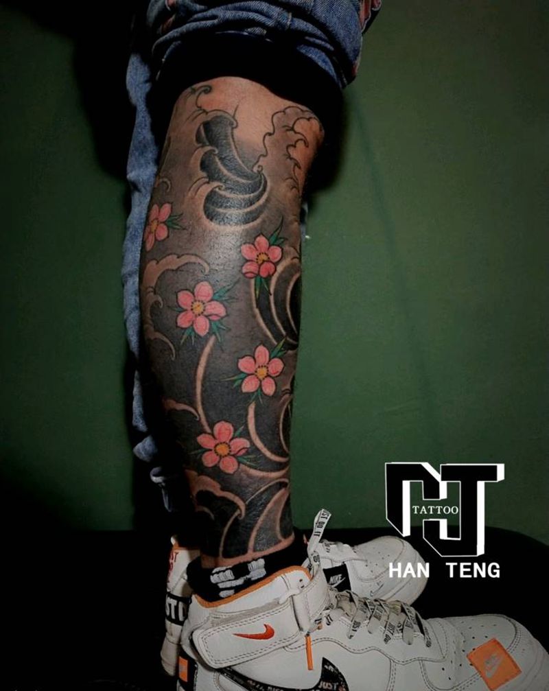 水浪纹身图片_腿部新传统水浪纹身图案