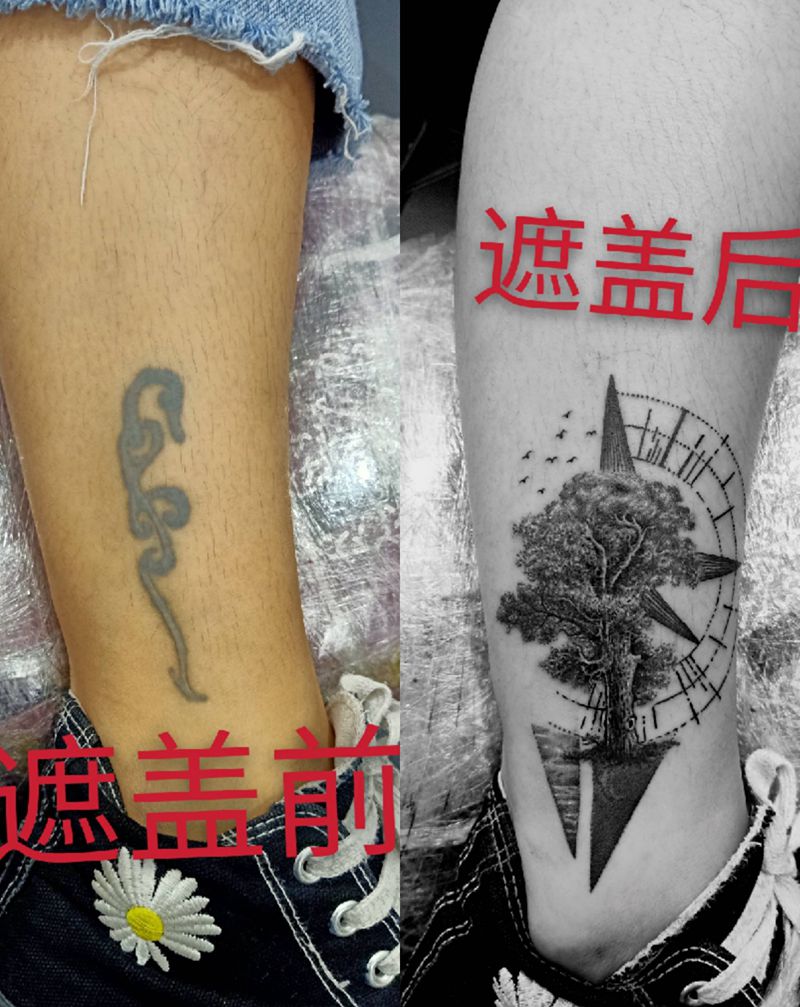 大树遮盖纹身图片_点刺几何纹身图案