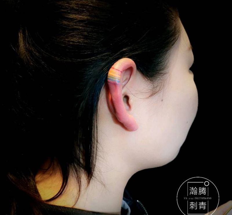 耳朵小清新纹身图片_颈部几何图腾小清新纹身图案