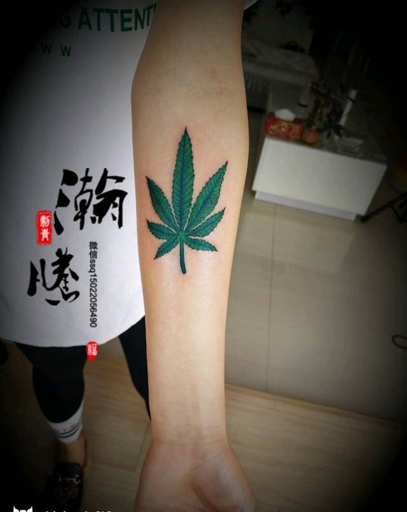 麻叶纹身图片_手臂清新植物成品纹身图案
