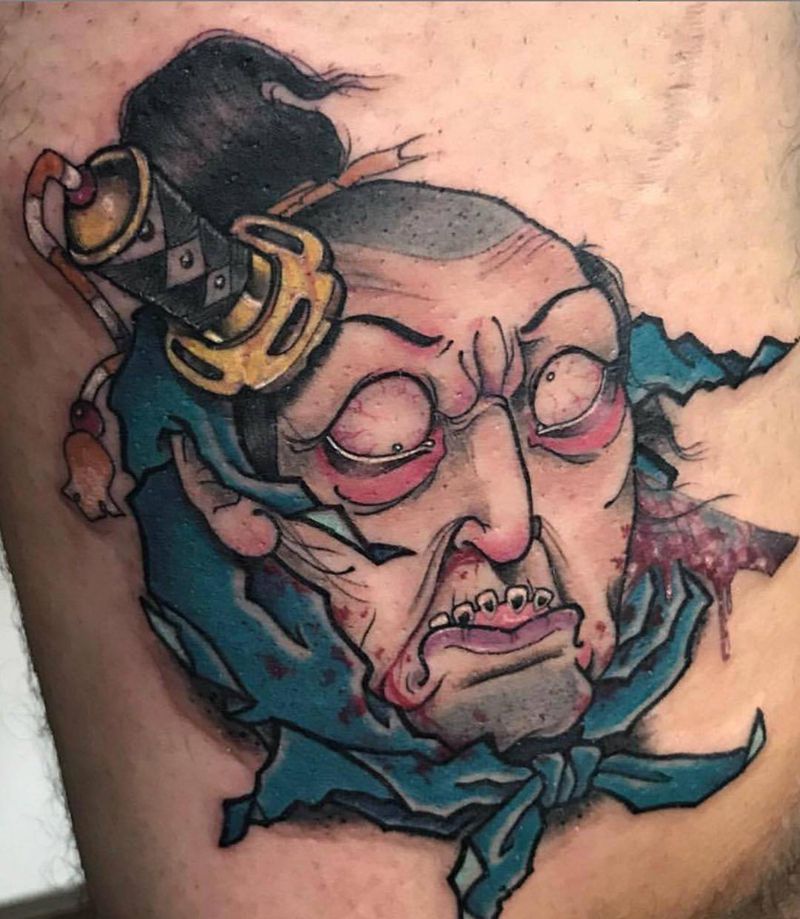 生首纹身图片_腿部New School新传统日式死人头生首纹身图案