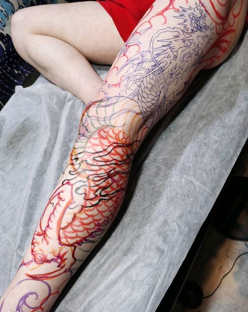 花腿纹身图片_腿部臀部老传统老传统花腿纹身图案