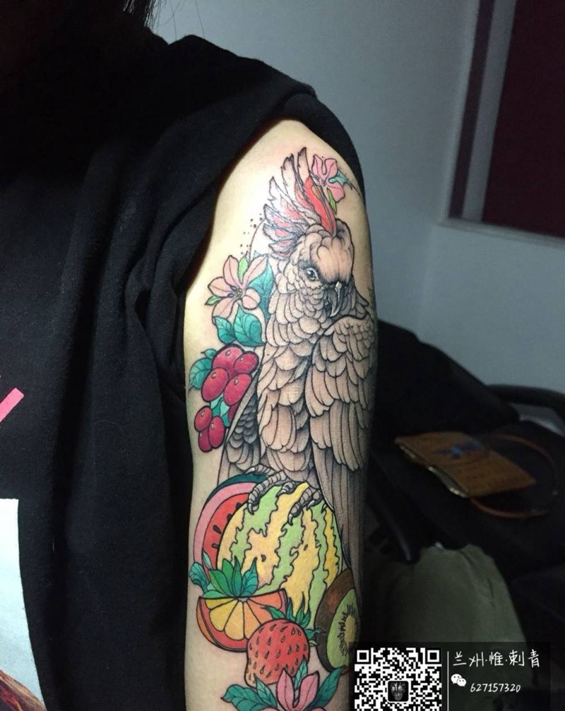 鹦鹉纹身图片_成品手臂欧美动物纹身图案