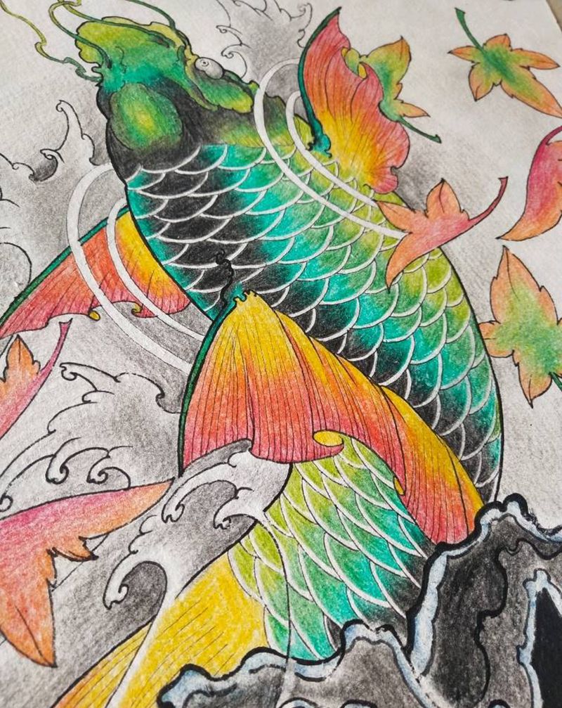 原创鲤鱼手稿纹身图片_手臂腿部新传统鲤鱼纹身图案
