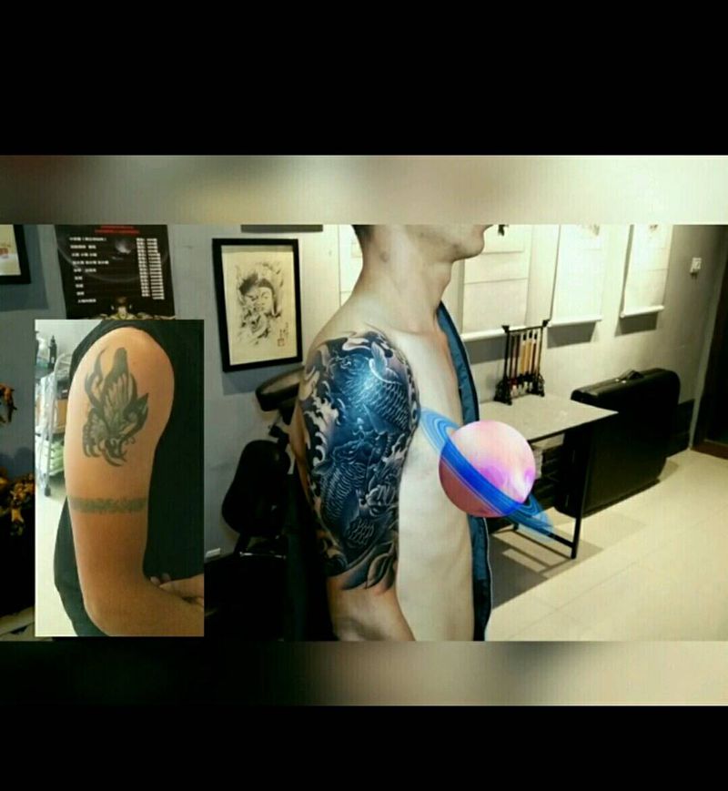 双锦鲤遮盖纹身图片