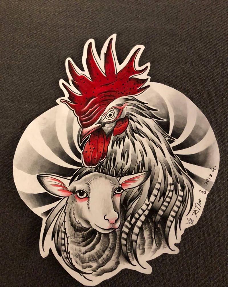 生肖纹身图片_臀部Old School鸡羊大腿纹身图案