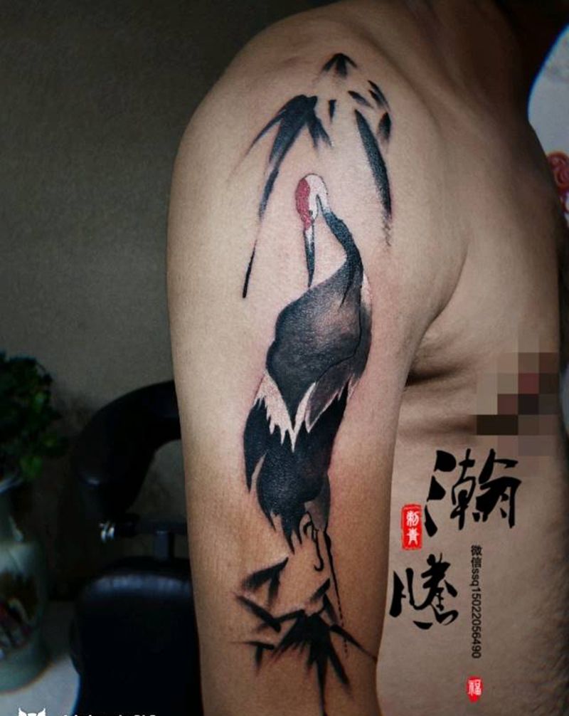 鹤纹身图片_手臂传统国画动物植物成品纹身图案