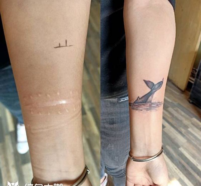 鲸鱼尾遮盖纹身图片_手臂纹身图案