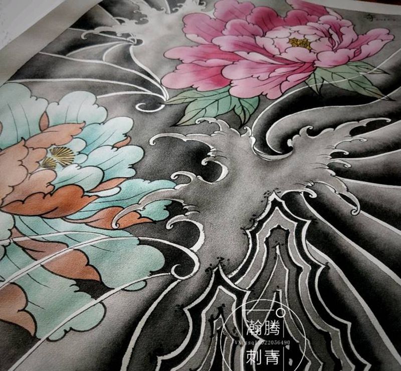 牡丹水浪稿子纹身图片_新传统牡丹手稿纹身图案