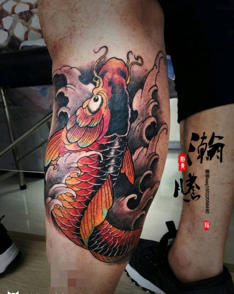 鲤鱼纹身图片_腿部传统动物成品纹身图案