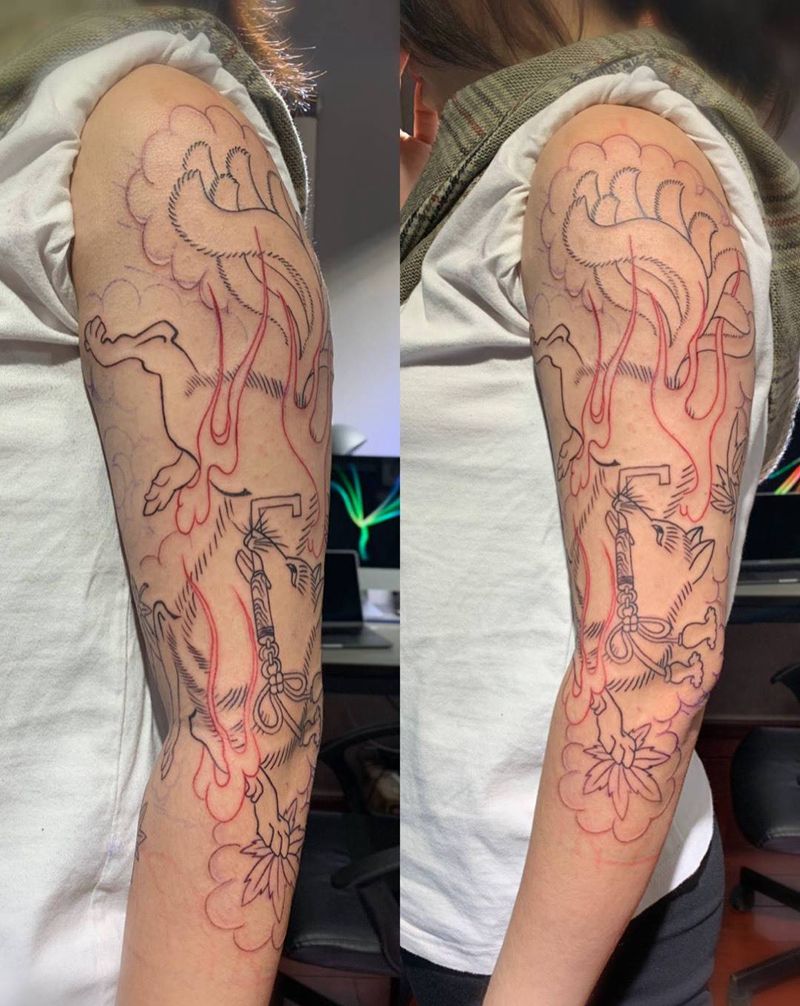 九尾狐初步线条纹身图片_手臂肩部老传统纹身图案