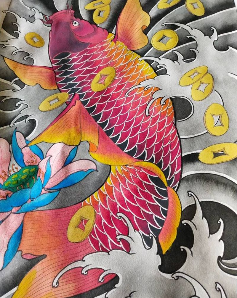 鲤鱼手稿纹身图片_老传统新传统鲤鱼纹身图案