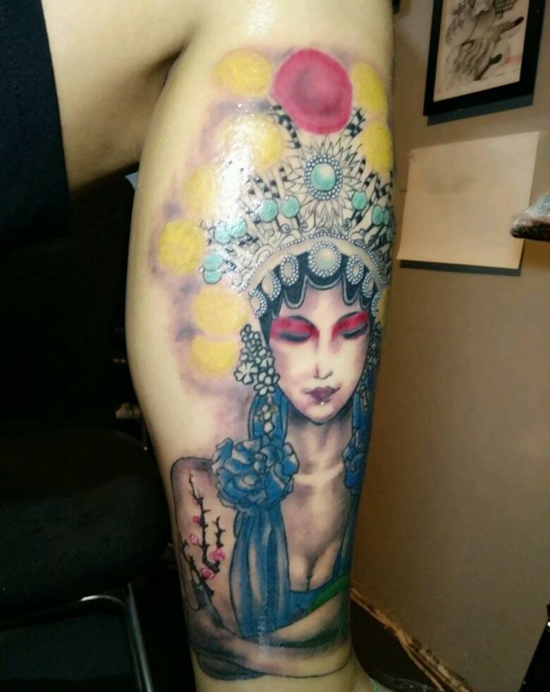 小腿花旦多角度纹身图片