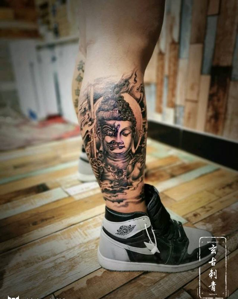 不动尊菩萨纹身图片_腿部新传统纹身图案