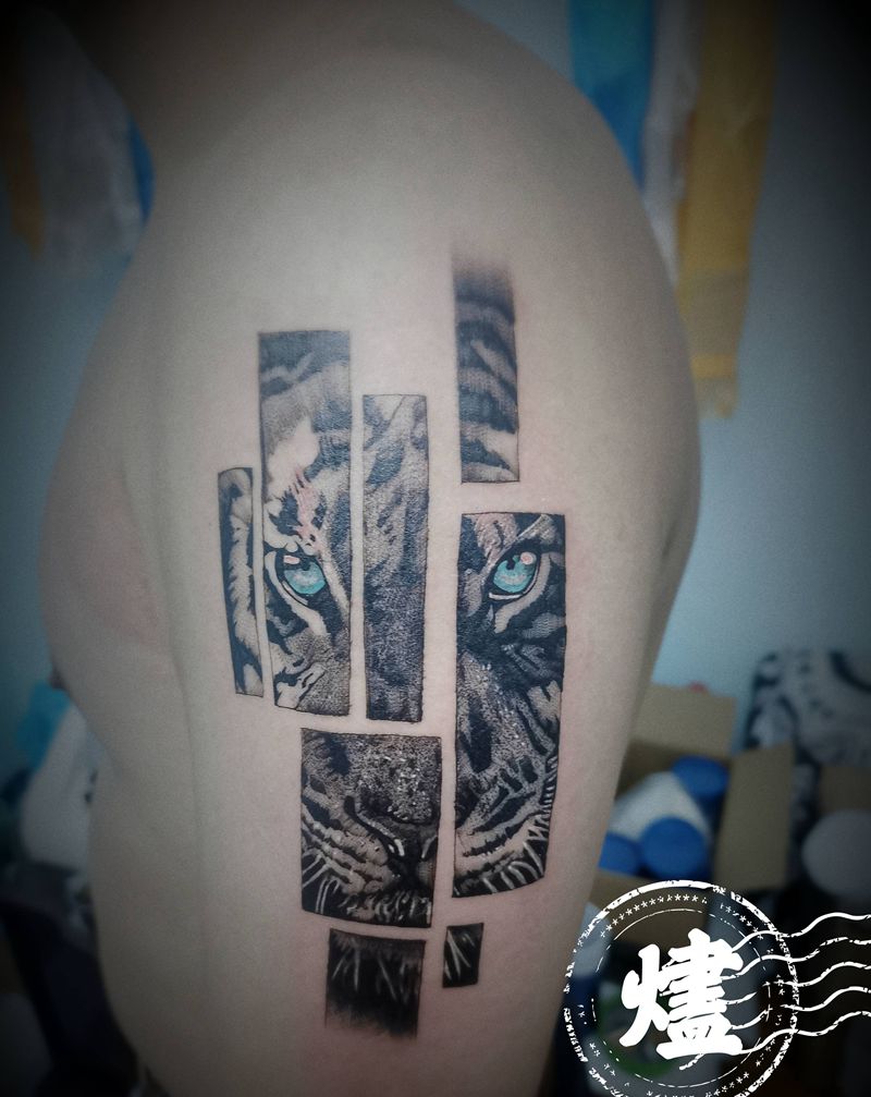 虎纹身图片_手臂欧美写实点刺纹身图案