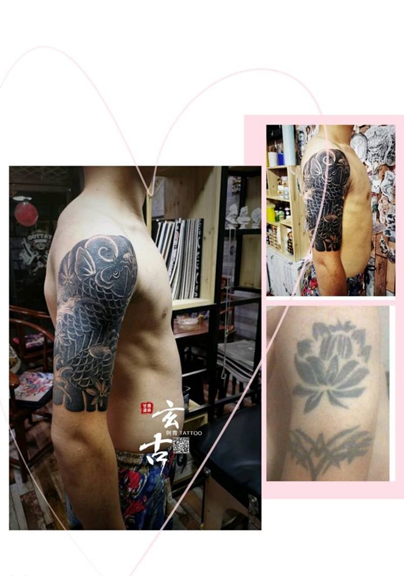 大臂遮盖纹身图片_手臂老传统鱼老传统纹身图案