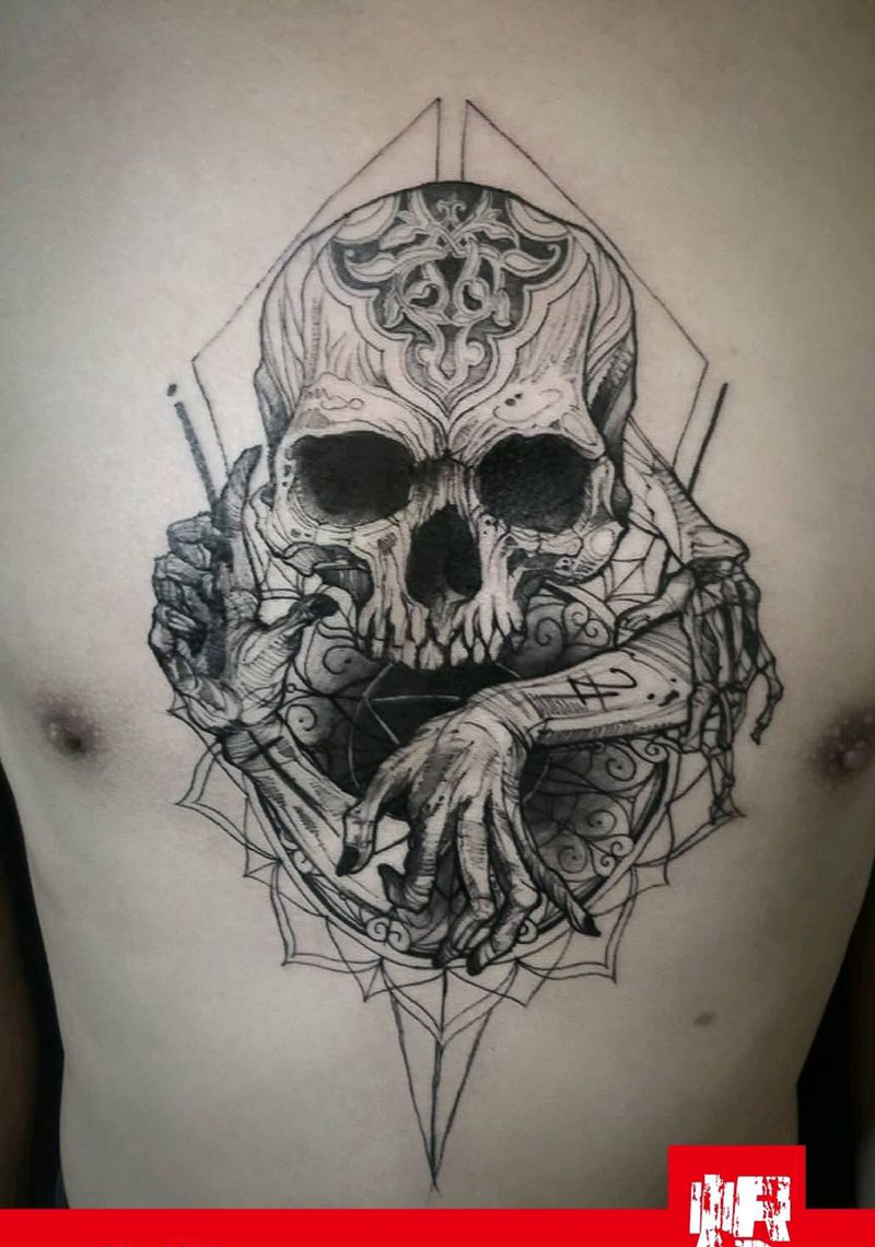 骷髅纹身图片_胸部欧美写实几何素描，甩针纹身图案