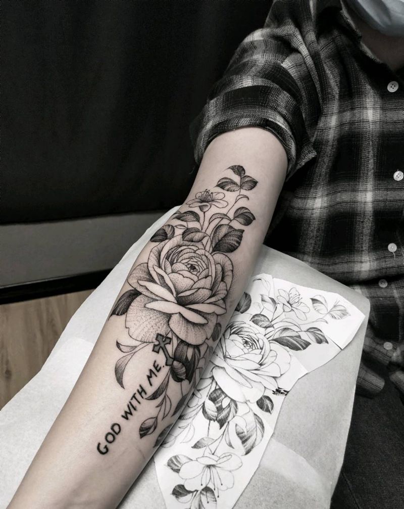 素花纹身图片_手臂点刺纹身图案