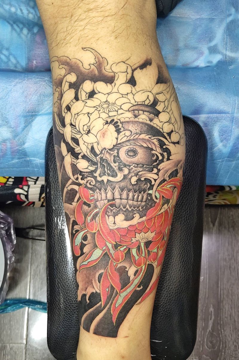 嘎巴拉未完成纹身图片_腿部新传统纹身图案