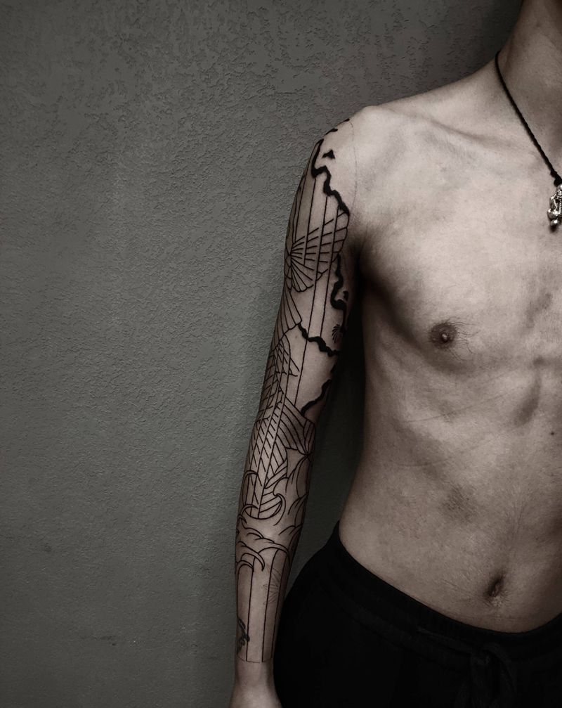 浪纹身图片_手臂老传统纹身图案