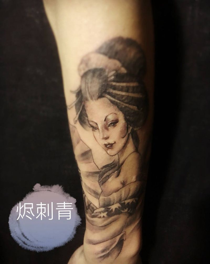 艺姬纹身图片_成品手臂传统写实欧美肖像人物宗教纹身图案