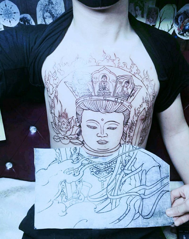 佛系纹身图片_腹部胸部老传统纹身图案