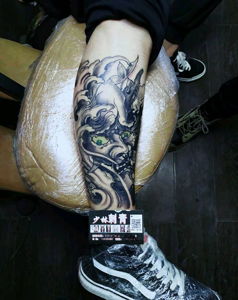 般若恢复后的效果纹身图片_腿部老传统纹身图案