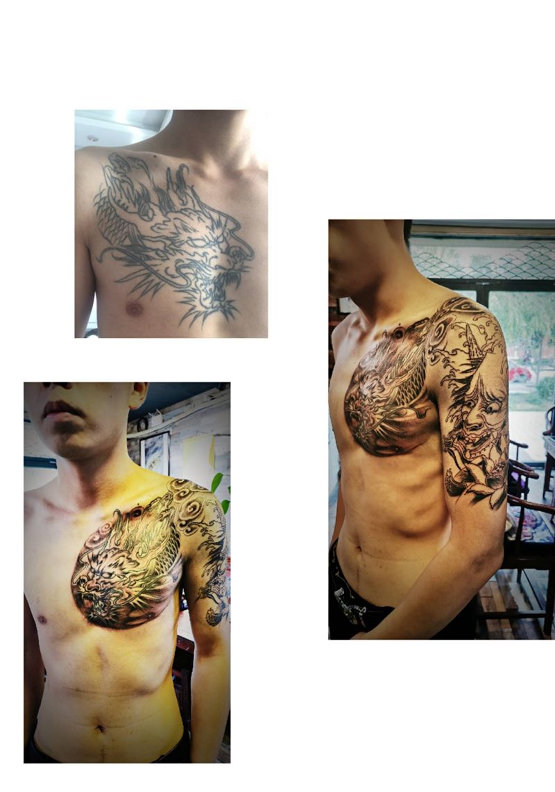 半甲纹身图片_胸部手臂新传统纹身图案