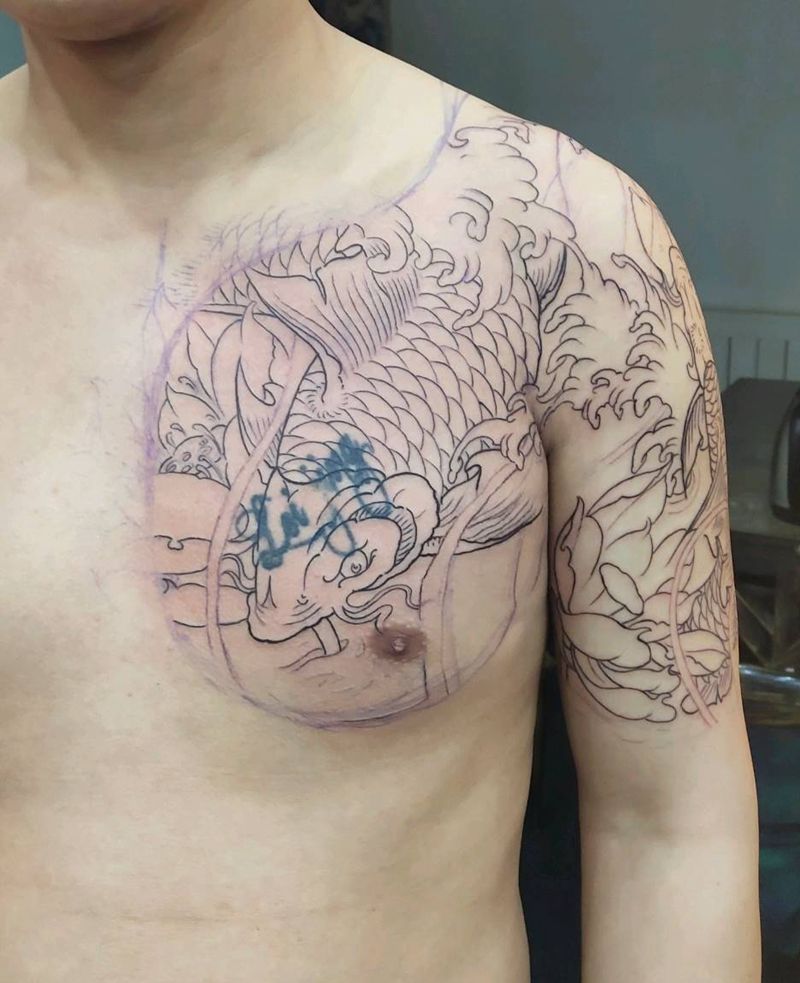 半甲双鱼纹身图片_胸部手臂新传统纹身图案