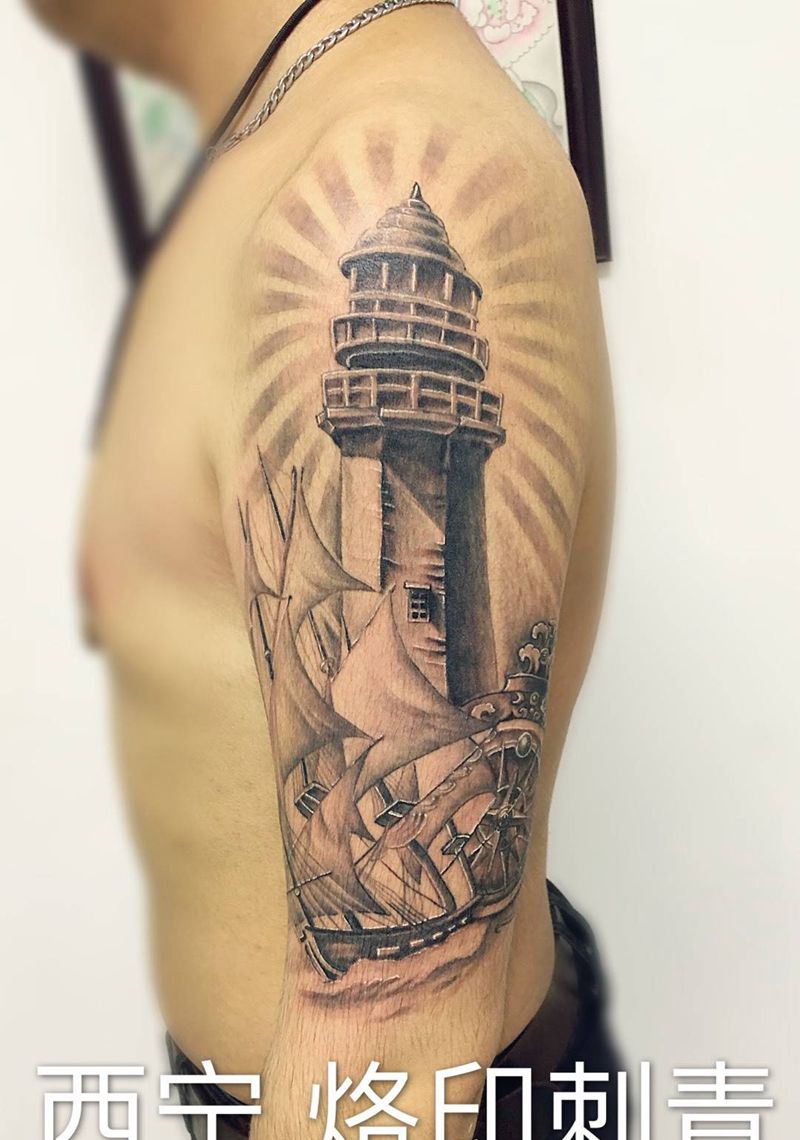 半原创灯塔帆船纹身图片
