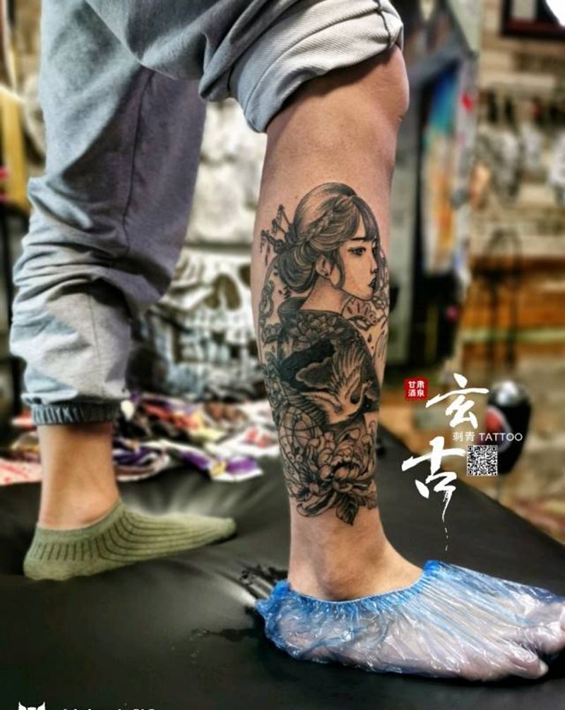 艺妓纹身图片_腿部新传统纹身图案